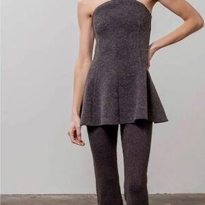 Moon River Gray Ribbed Strapless Top & Pant Set